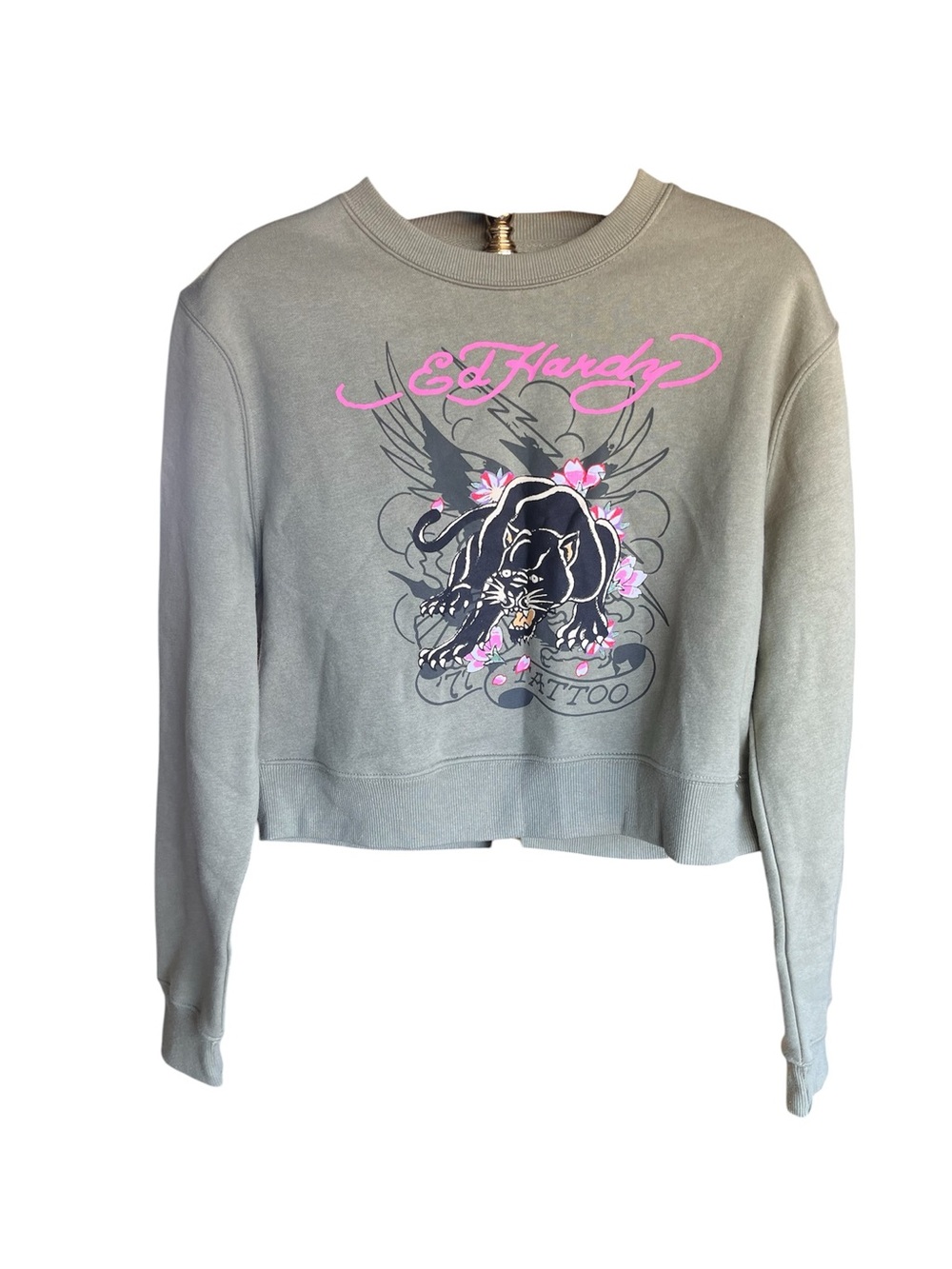 Ed Hardy Green Cropped Crewneck Sweatshirt with Pink Graphic Large